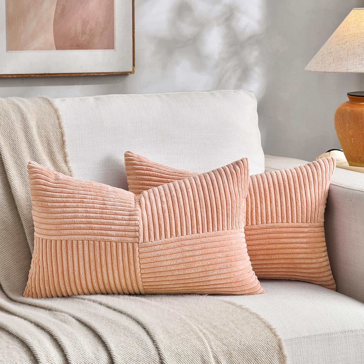 Fancy Homi 2 Packs Peach Lumbar Decorative Throw Pillow Covers 12x20 Inch for Living Room Couch Bed