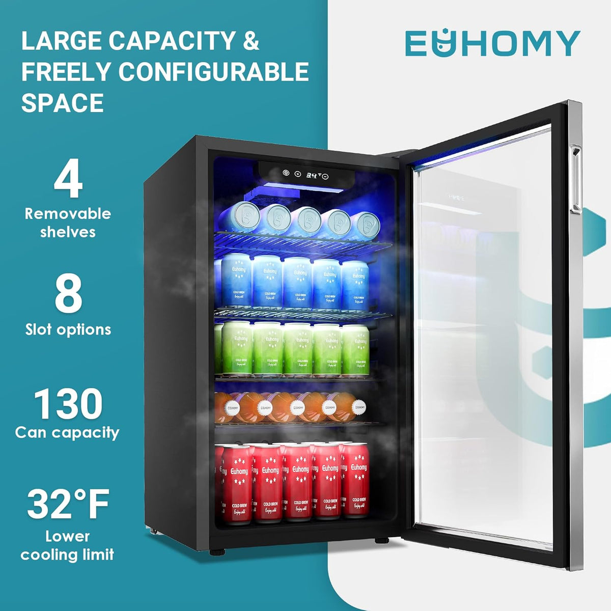 EUHOMY Beverage Refrigerator Cooler, 130 Can Mini Fridge with Glass Door for Soda Beer or Wine