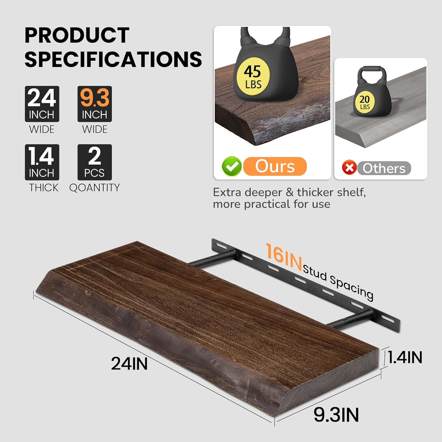 Floating Shelves for Wall, 24"x9.3" Rustic Solid Live-Edge Elm Wood Wall Shelves, Heavy-Duty