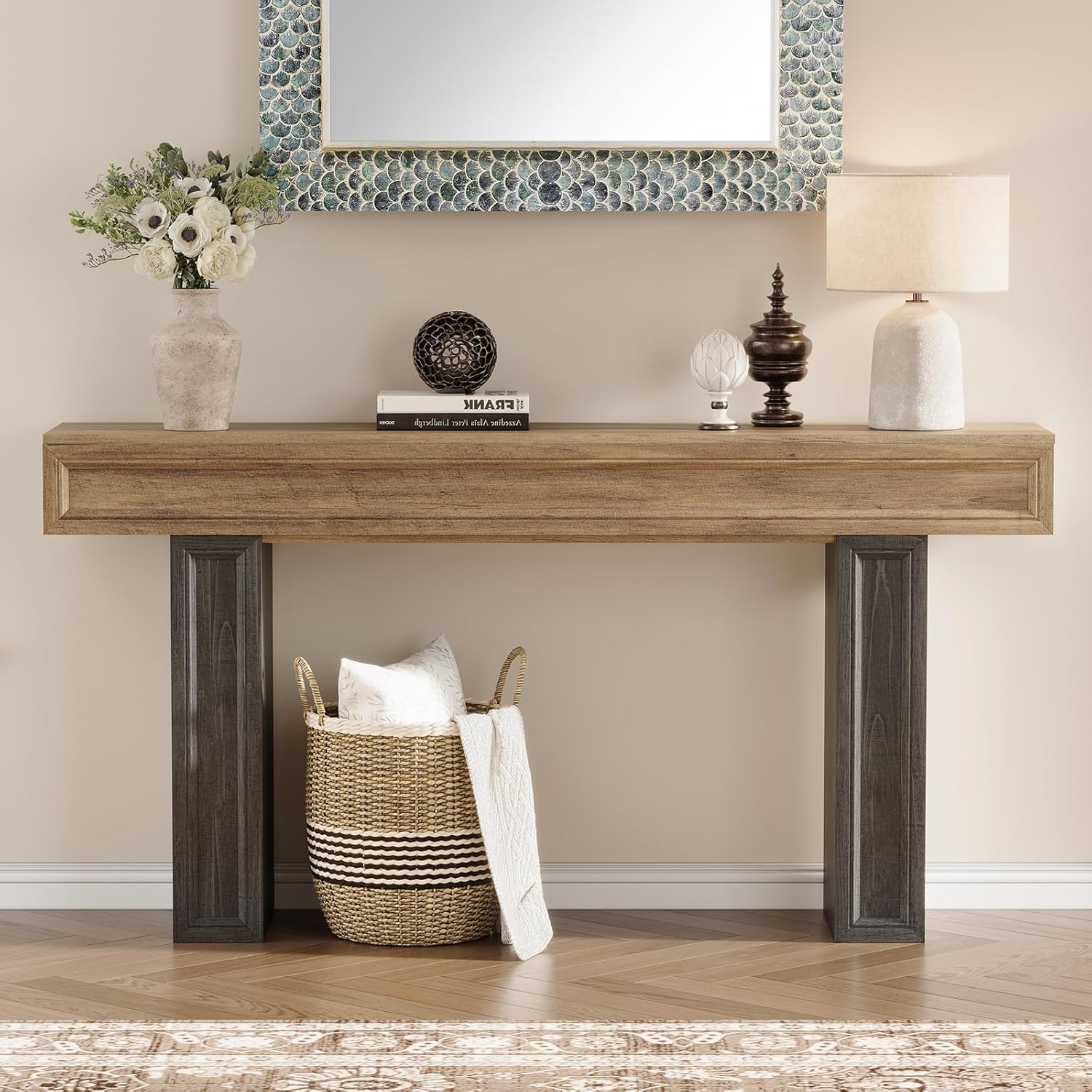 Rresyet 63 Inch Long Console Table, Sofa Table Behind Sofa, Wooden Entryway Table, Farmhouse