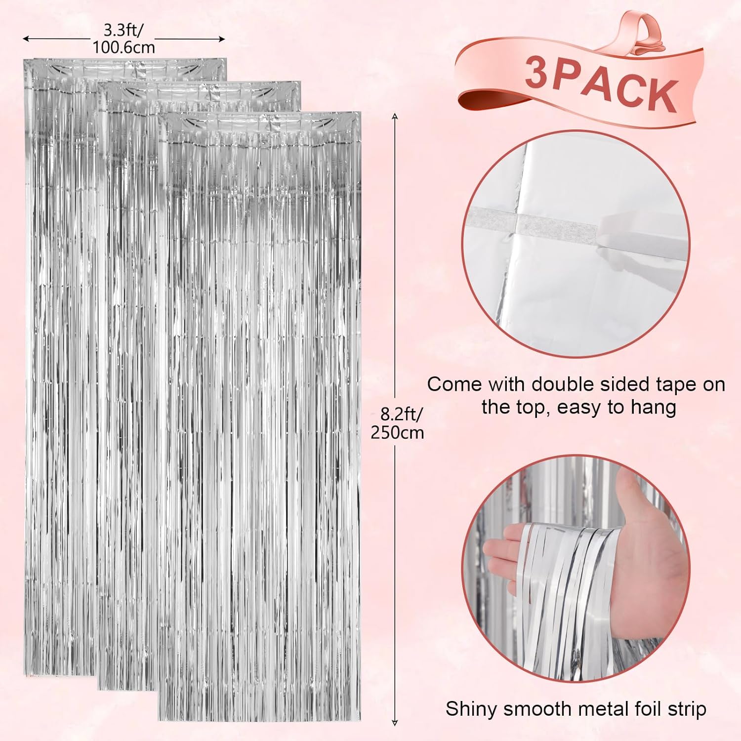 3 Pack 3.3x8.2 Feet Silver Foil Fringe Backdrop Curtains, Tinsel Streamers Birthday Party