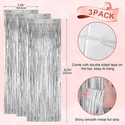 3 Pack 3.3x8.2 Feet Silver Foil Fringe Backdrop Curtains, Tinsel Streamers Birthday Party