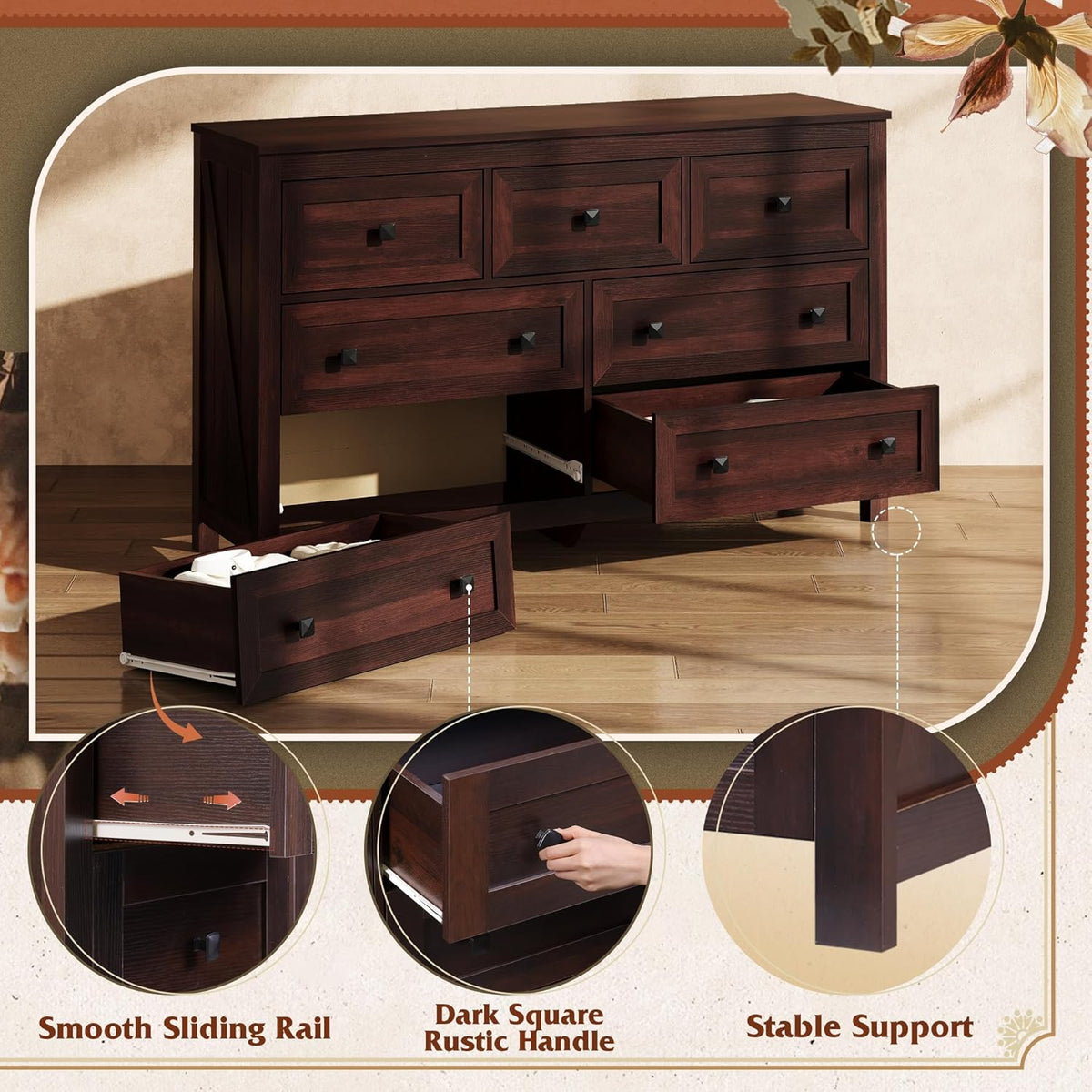WLIVE Farmhouse Dresser for Bedroom, 51.18'' Wide 7 Drawer Wood Dresser, TV Stand for 65 inch TV