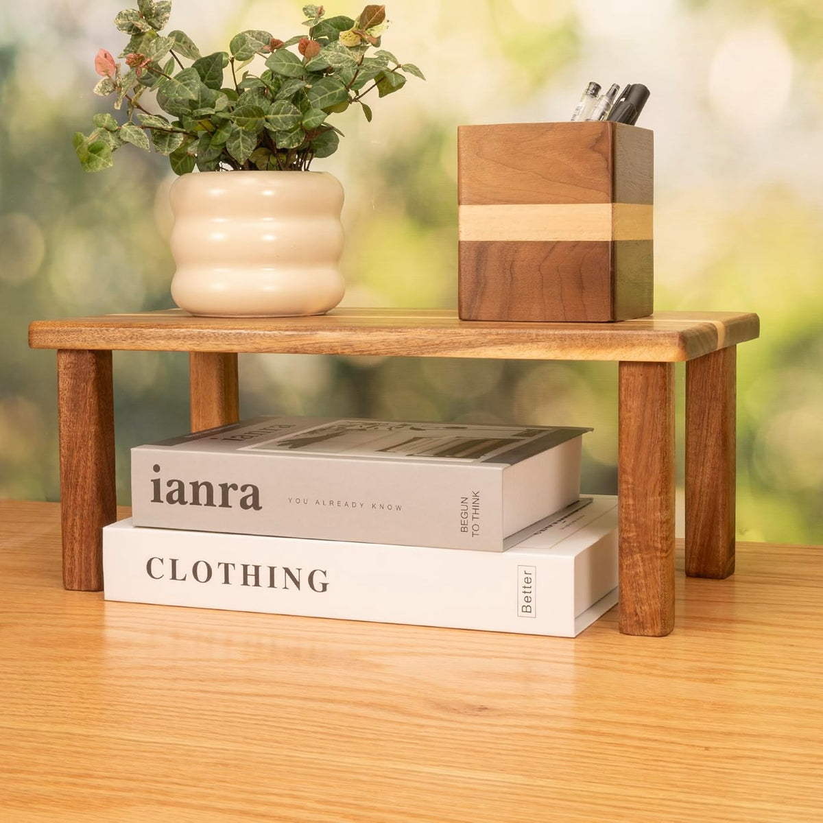 Acacia Wooden Desktop Organizer Shelf Kitchen Cabinet and Counter Riser Display Shelf for Top of