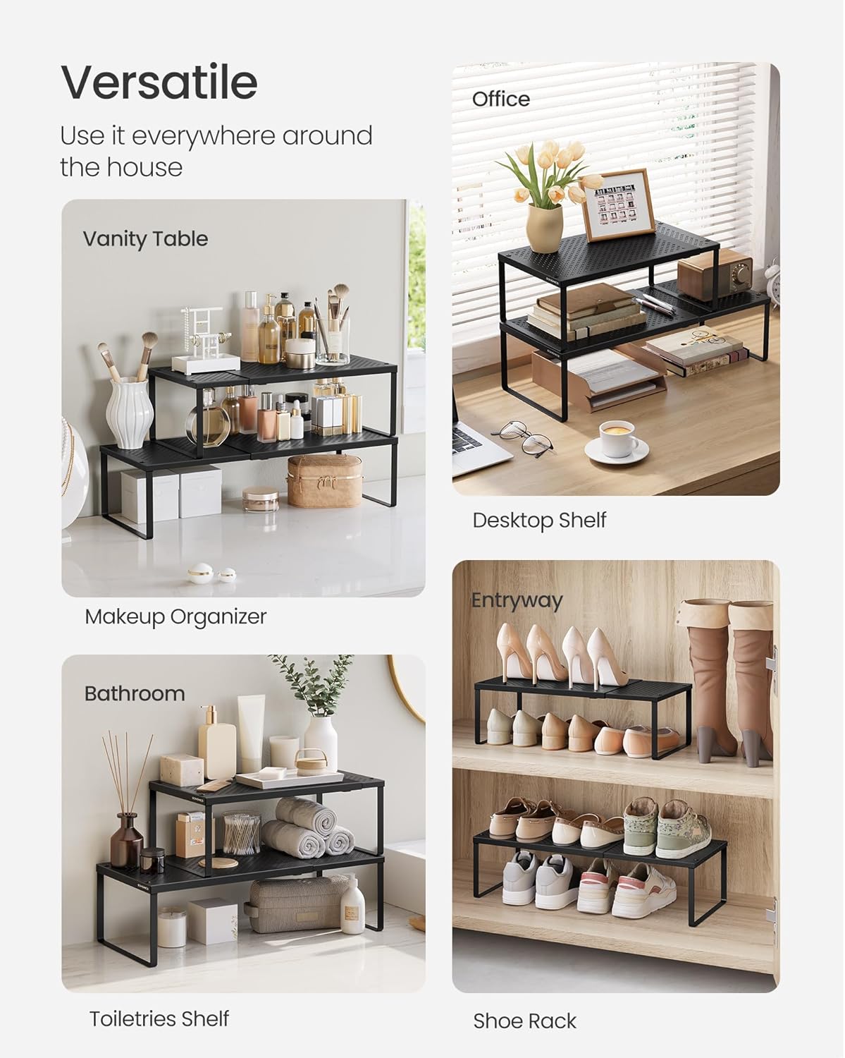 SONGMICS Spice Racks, Set of 2 Expandable Kitchen Countertop Shelves, Small Cupboard Organizers