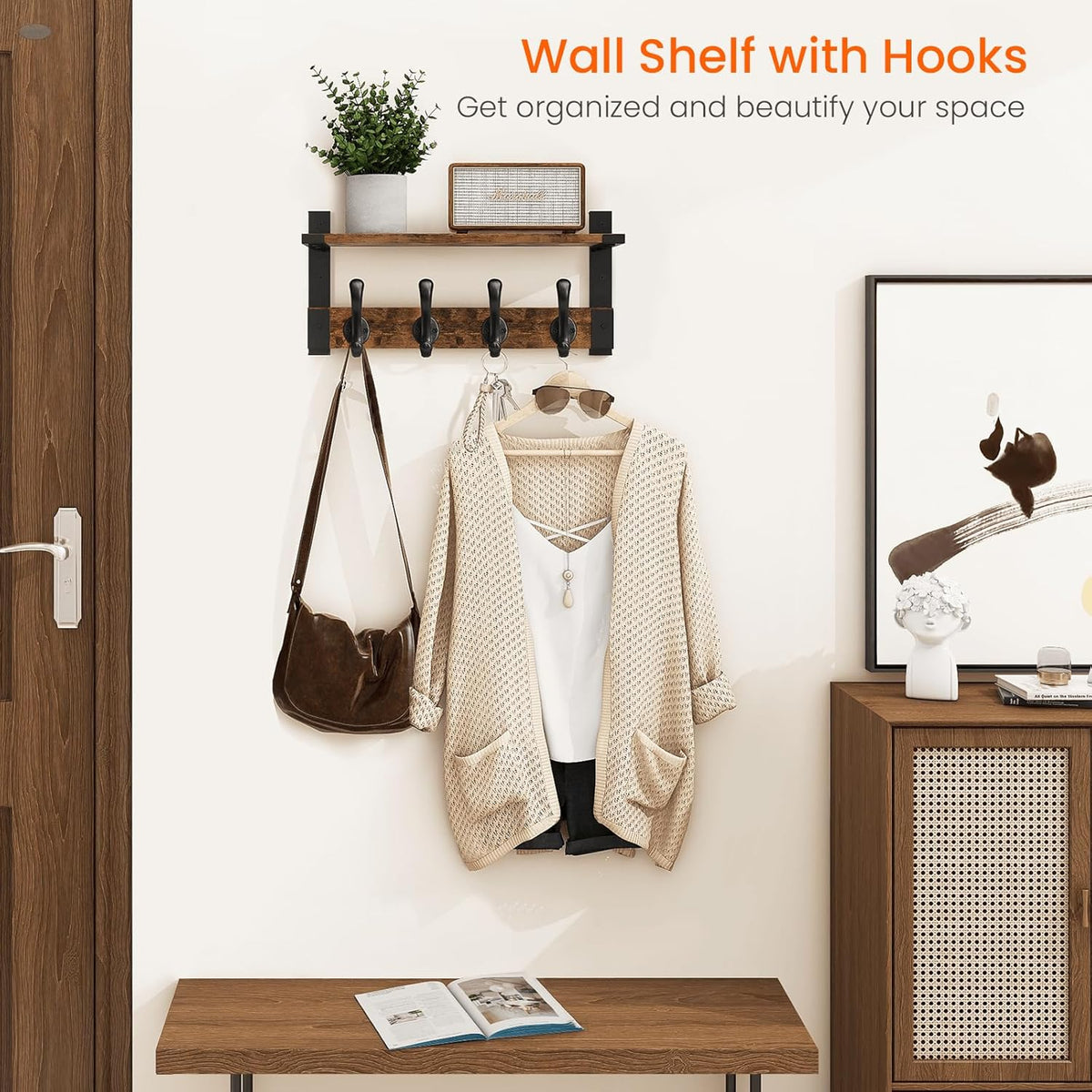 Homode Coat Rack Wall Mount with Shelf, Wood Wall Hooks with Shelf, Heavy Duty Entryway Shelf with
