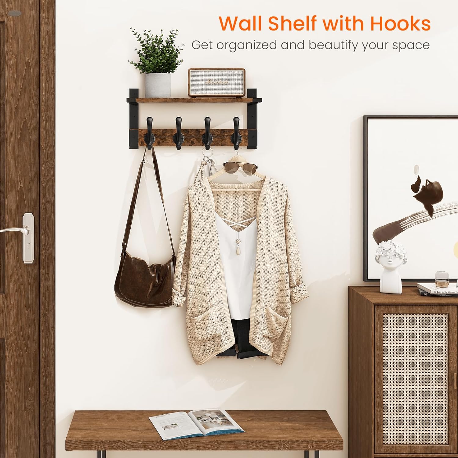 Homode Coat Rack Wall Mount with Shelf, Wood Wall Hooks with Shelf, Heavy Duty Entryway Shelf with