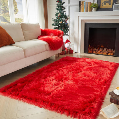AMTOVO Faux Fur Sheepskin Rug for Living Room, 4 x 6 ft Red Fluffy Area Rug for Bedroom, Playroom