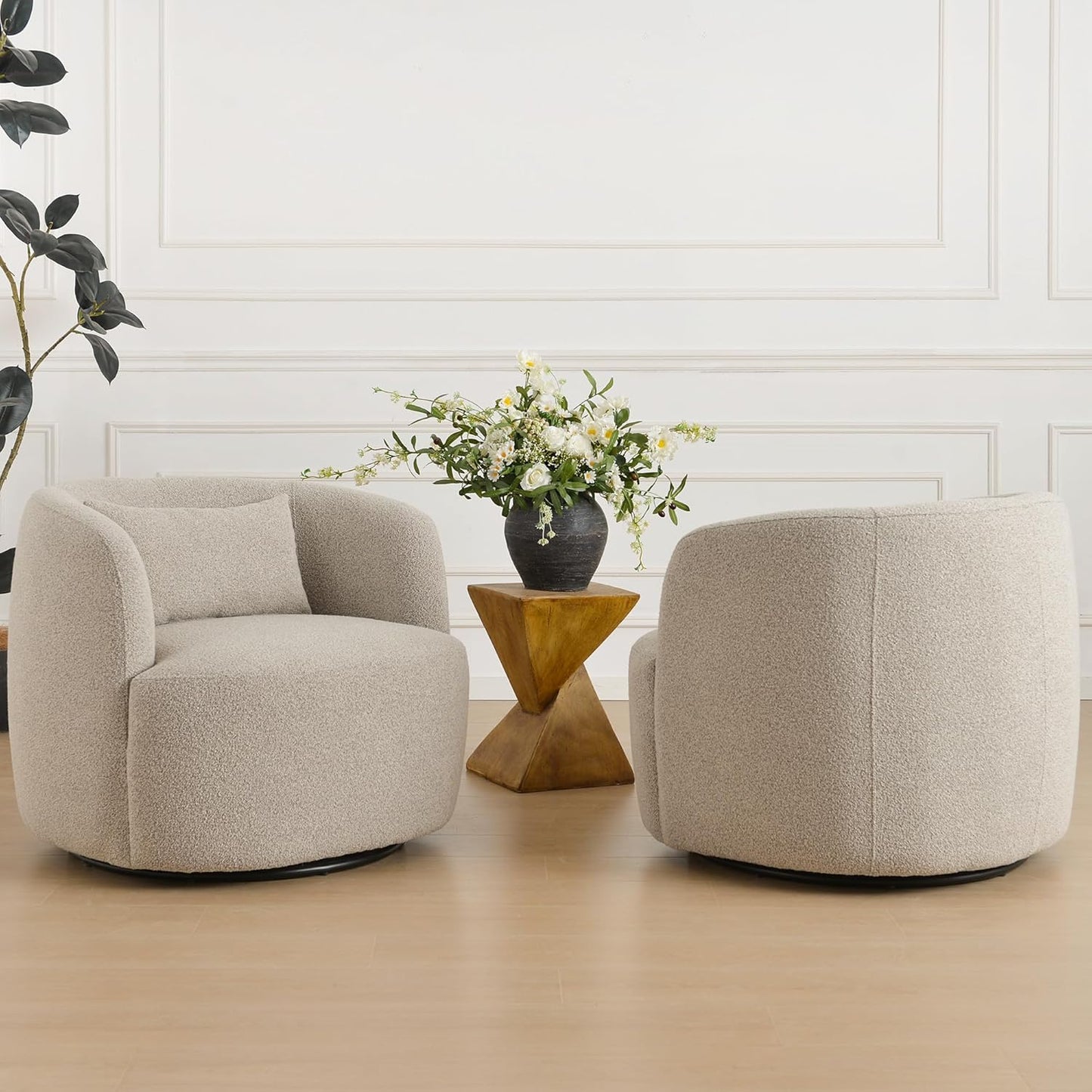 KINWELL 34" Wide Sherpa Swivel Barrel Chairs Set of 2, No Assembly Round Boucle Upholstered Accent
