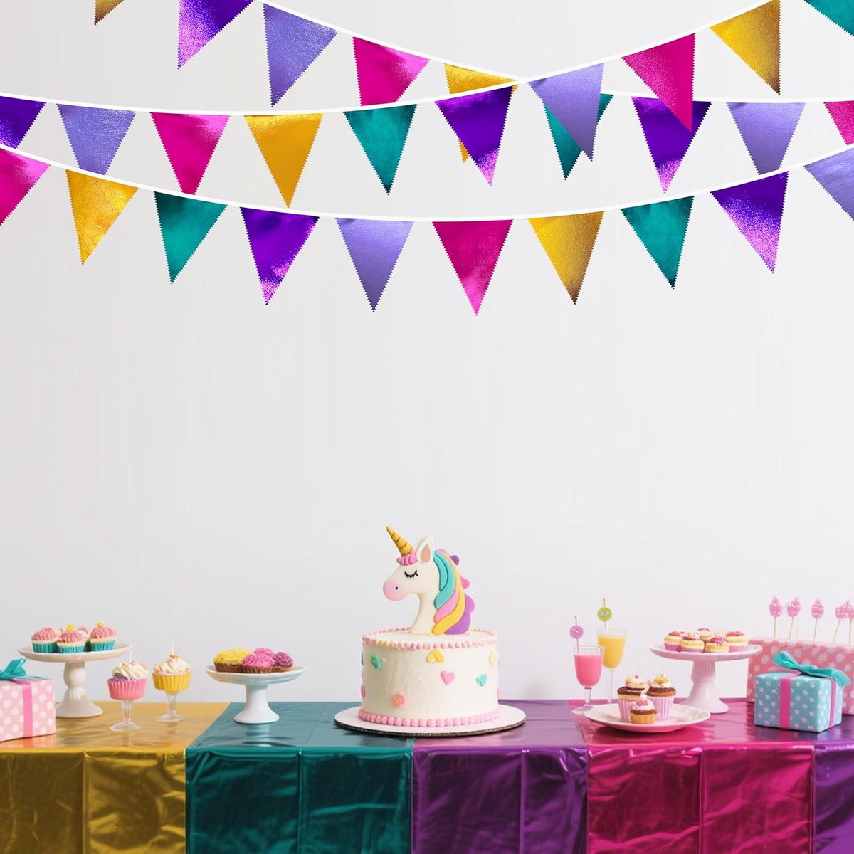Colorful Party Decorations Hot Pink Teal Purple Metallic Fabric Triangle Pennant Banner Flag