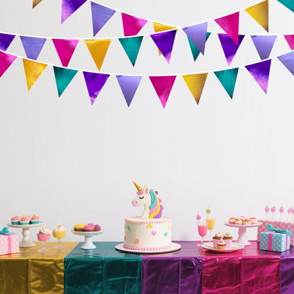 Colorful Party Decorations Hot Pink Teal Purple Metallic Fabric Triangle Pennant Banner Flag