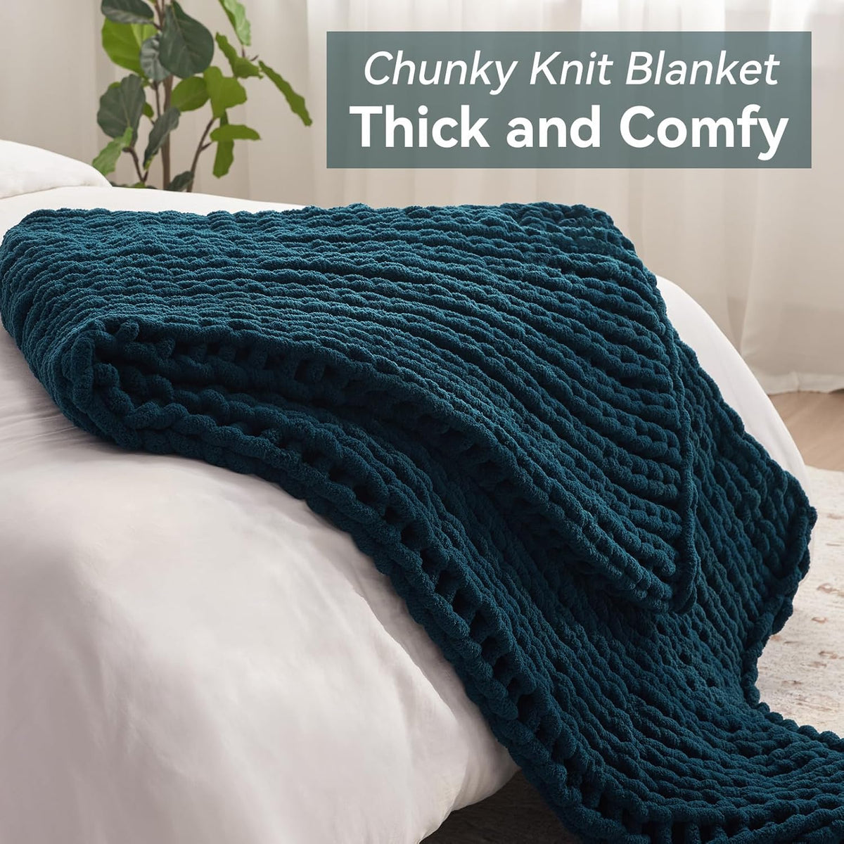 Chunky Knit Throw Blanket, 30''*40'' Knitted Throw Chenille Yarn for Bed Couch, Handmade Peacock