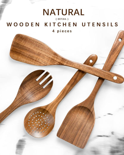 Wooden Spoons for Cooking, Nonstick Cooking Utensil Set with 4 Piece Acacia Wooden Spatulas and