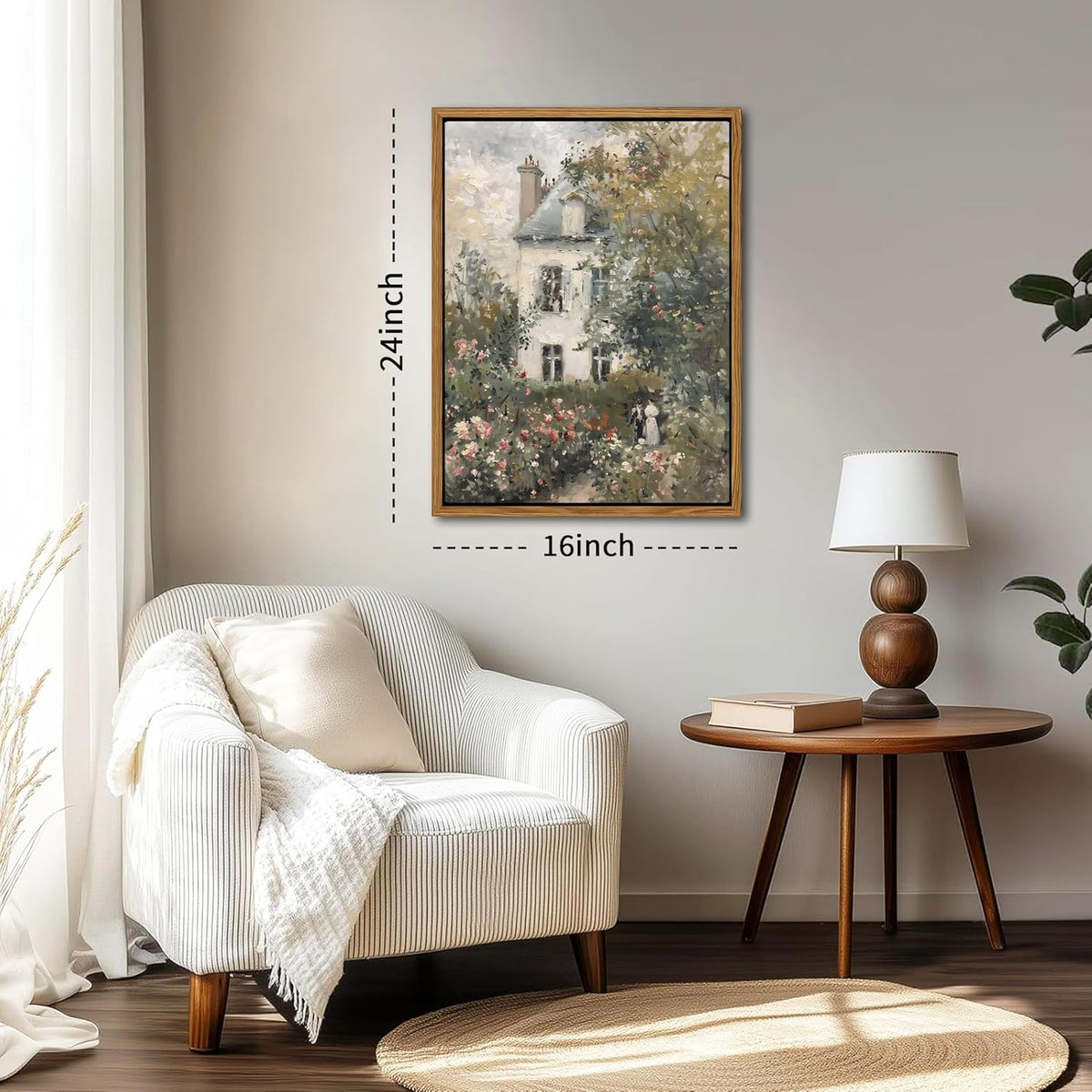 Floating Framed Canvas Vintage Wall Art, Neutral English Cottage Rose Garden Oil Paintings Print