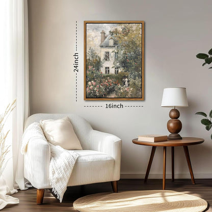 Floating Framed Canvas Vintage Wall Art, Neutral English Cottage Rose Garden Oil Paintings Print