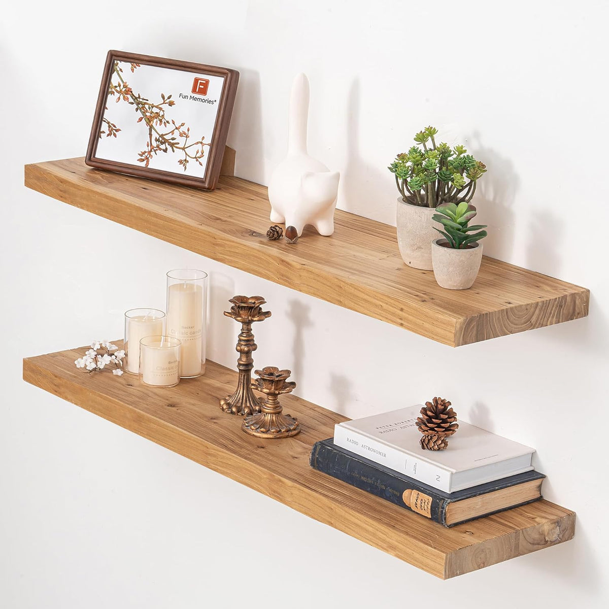 Fun Memories Floating Shelves for Wall, 36"x9.3" Rustic Solid Elm Wood Shelves, Heavy-Duty Wall