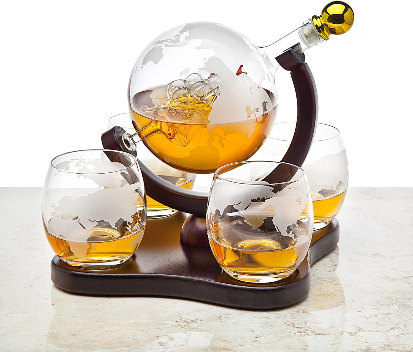 Godinger Whiskey Decanter Globe Set with 4 Etched Glasses for Liquor, Scotch, Bourbon, Vodka, Gifts