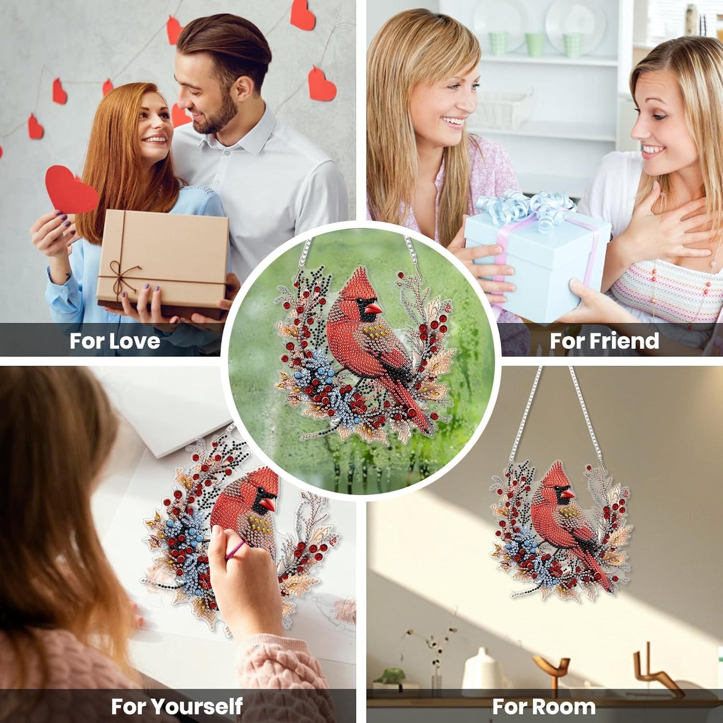 EOBROMD Diamond Hanging Art Kits for Adults Cardinal Birds, Suncatcher Diamond Art Painting, DIY