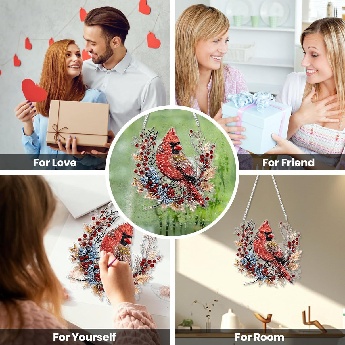 EOBROMD Diamond Hanging Art Kits for Adults Cardinal Birds, Suncatcher Diamond Art Painting, DIY