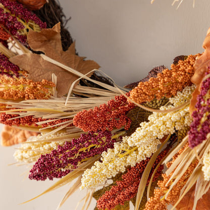 Glitzhome 24" D Fall Sorghum Wreath with Metal Hanger, Harvest Wreath for Front Door, Fall Door