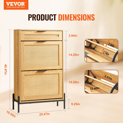 VEVOR Rattan Shoe Cabinet, Narrow Shoe Storage Organizer with 2 Flip Rattan Drawers & 1 Slide