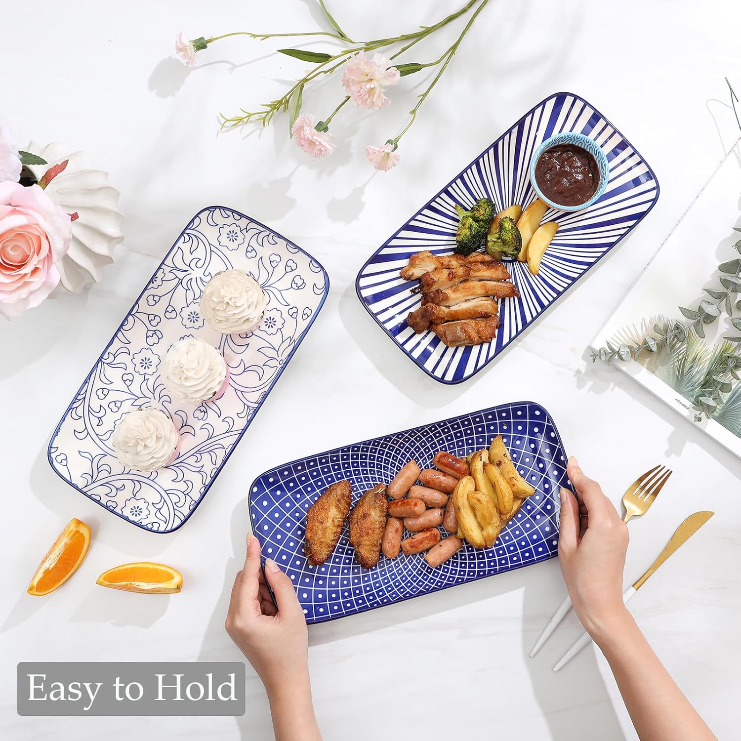 Selamica Ceramic Rectangular Serving Platters Set of 4, 12 Inch Serving Trays/Dishes for Party