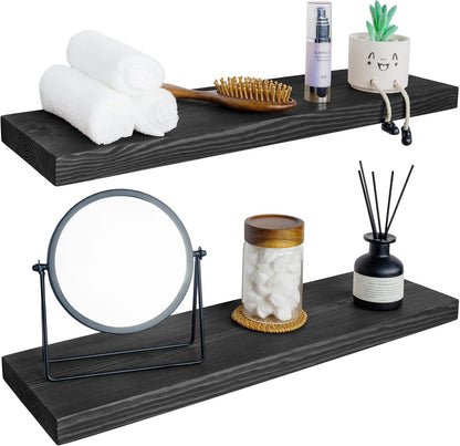 BGMG Wood Floating Shelves for Wall 30 inch Set of 2,Black Floating Shelves,Solid Wood Wall Mount