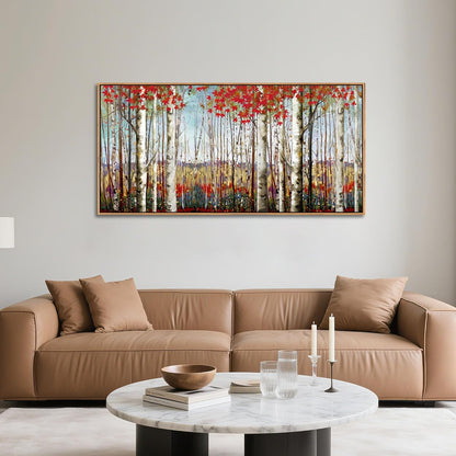 Large Framed Wall Art for Living Room Birch Tree Wall Decor Red Forest Painting Artwork Wall