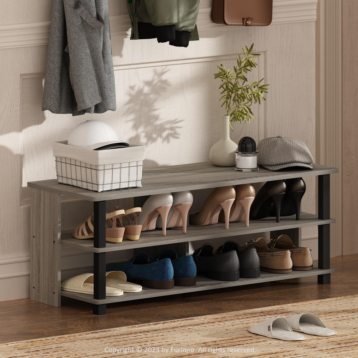 Furinno Turn-N-Tube Shoe Rack, 3-Tier Shoe Organizer, Compact Shoe Storage with Open Shelves, 15.5