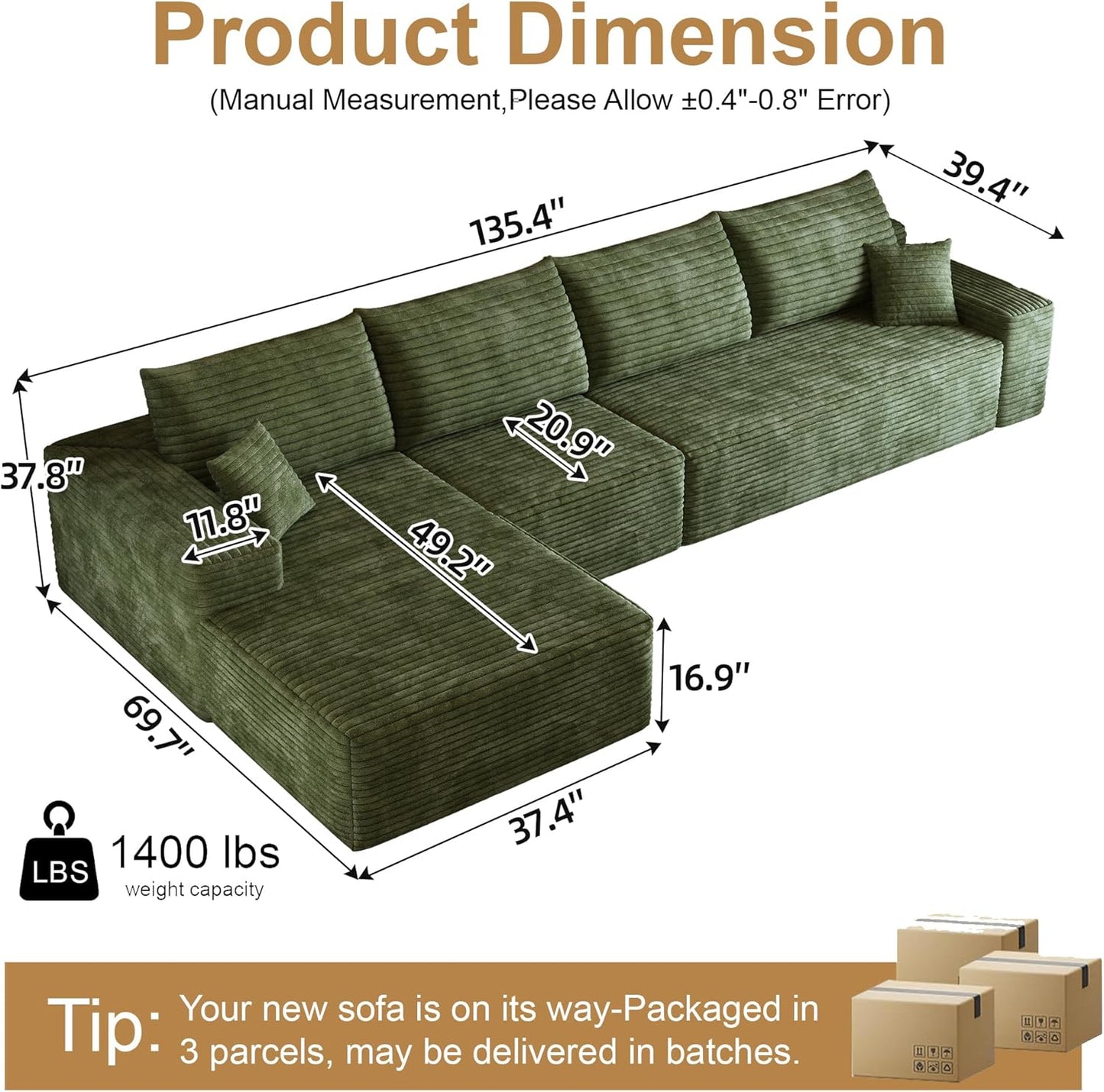 108" Sectional Couches for Living Room Modern Modular Sofa with L-Shape Couchs Upholstered Boneless
