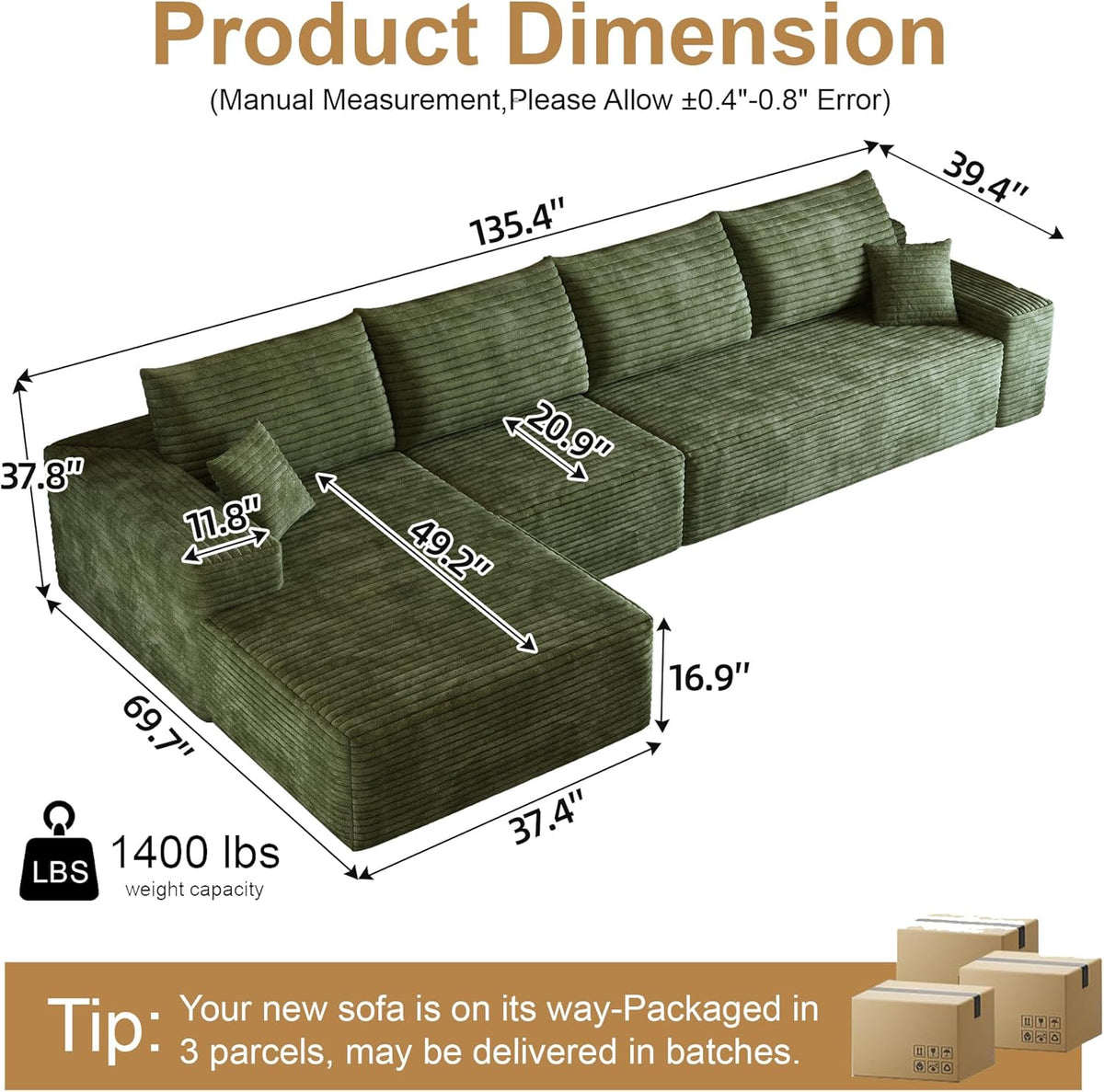 108" Sectional Couches for Living Room Modern Modular Sofa with L-Shape Couchs Upholstered Boneless