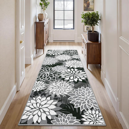 Area Rug 2x6 Black White Washable Entry Rug Multicolored Tropical Botanical Modern Floral Indoor