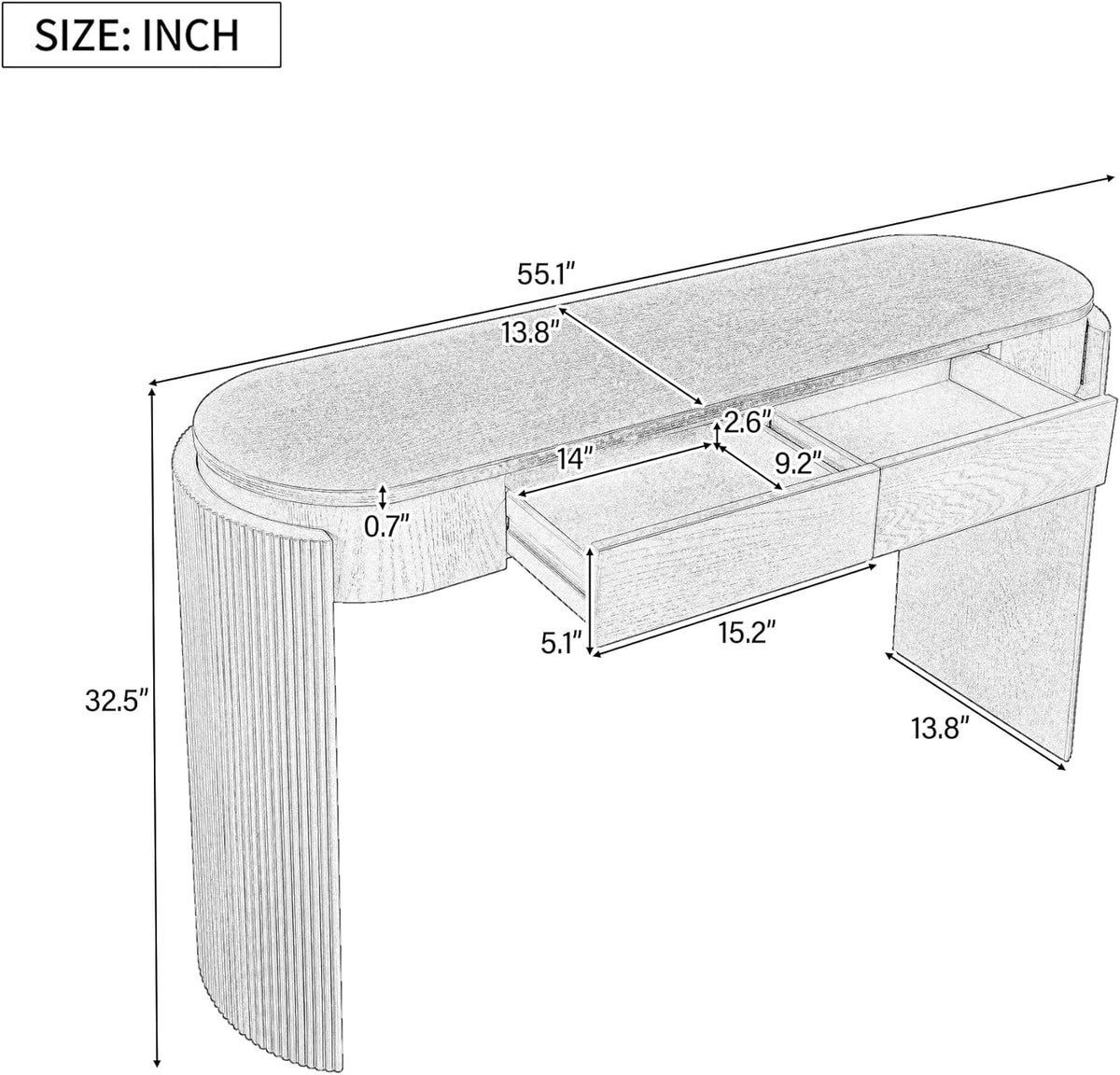 55" Sofa Table with Oval Top and 2 Drawers, Entryway Console Table with Fluted Design for