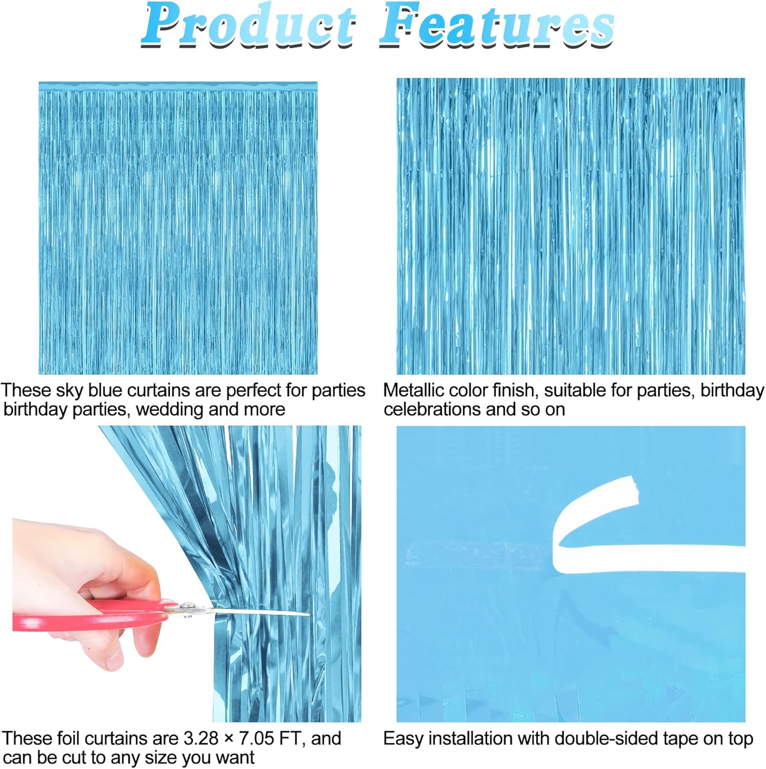 4 Pack Party Decorations, 3.28 FT x 7.05 FT Blue Foil Streamers, Metallic Sky Blue Backdrop Fringe