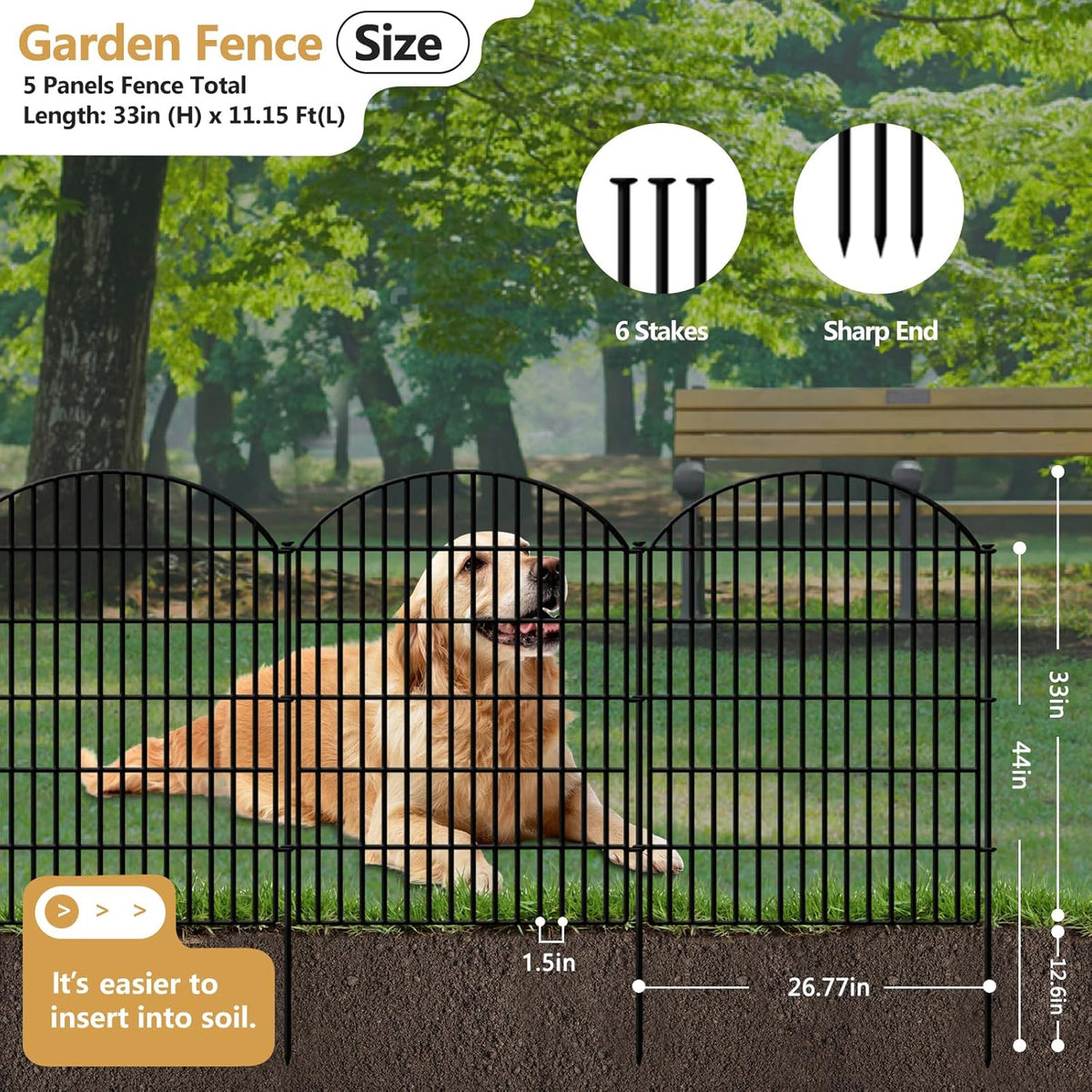 5 Panels Decorative Garden Fence 33in (H) x 11.15ft (L), Rustproof Metal No Dig Fencing Animal