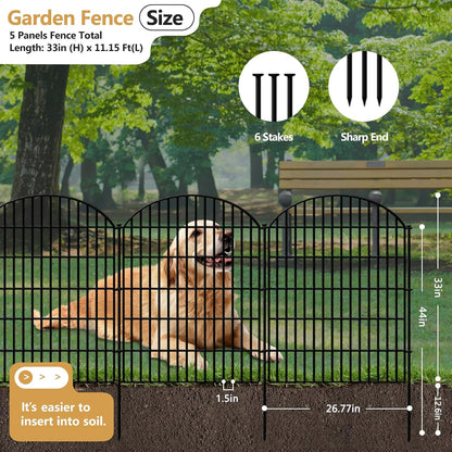 5 Panels Decorative Garden Fence 33in (H) x 11.15ft (L), Rustproof Metal No Dig Fencing Animal