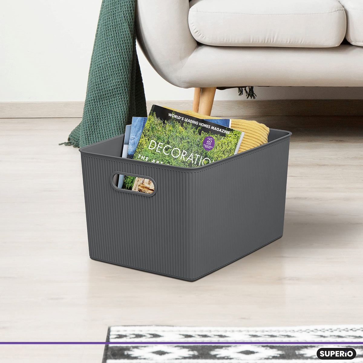 Superio Decorative Plastic Basket Open Home Storage Bins Organizer Baskets, X-Large Grey (8 Pack)