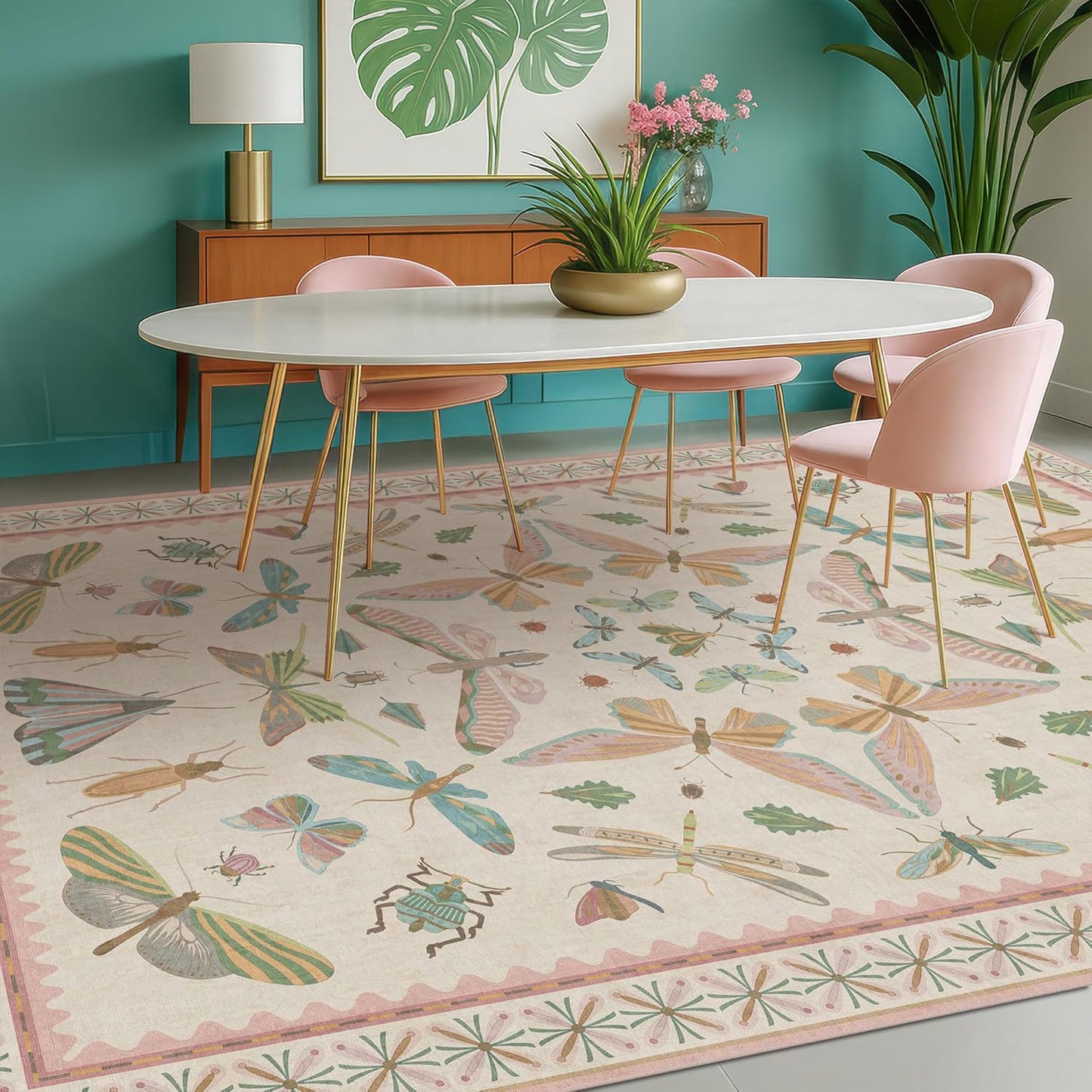 Floral Pink Rugs for Bedroom Girls 6x9 - Insect Print Cute Girly Rug for Living Room, Dining Room