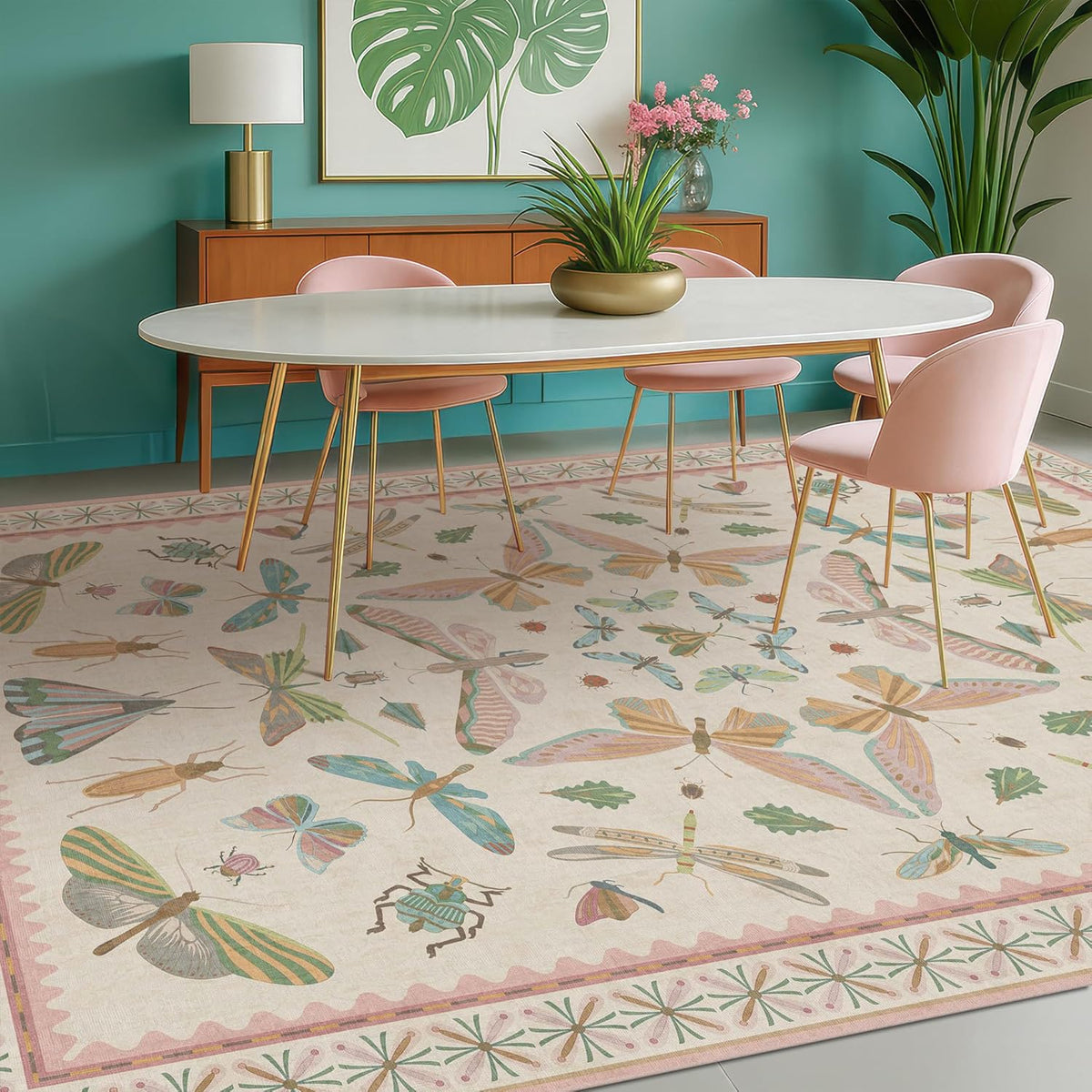 Floral Pink Rugs for Bedroom Girls 6x9 - Insect Print Cute Girly Rug for Living Room, Dining Room