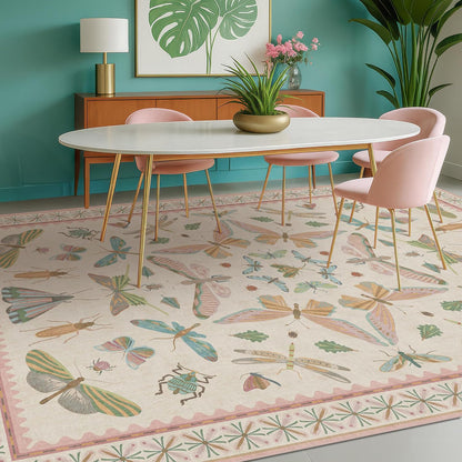 Floral Pink Rugs for Bedroom Girls 6x9 - Insect Print Cute Girly Rug for Living Room, Dining Room