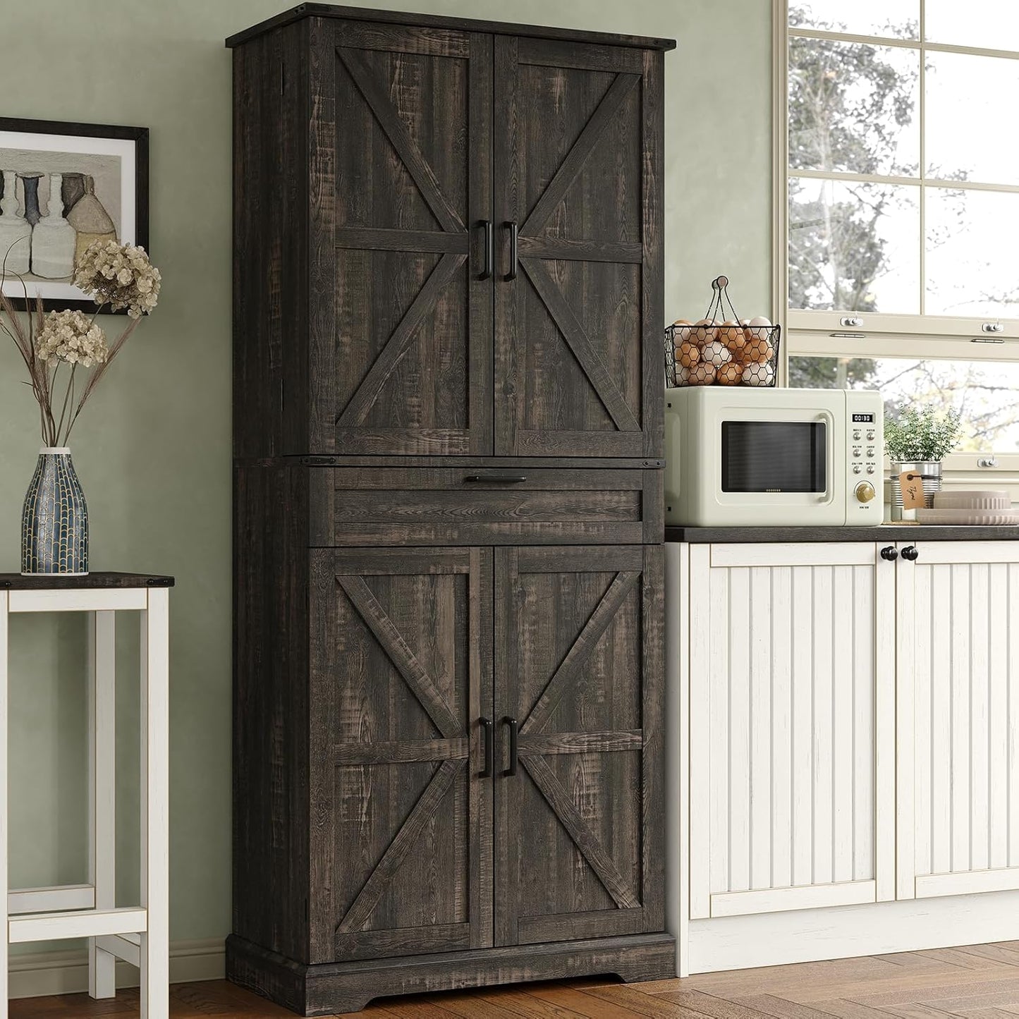 Pantry Organizers and Storage Cabinet, 70” Barn Door White Kitchen Cabinet with Drawers and