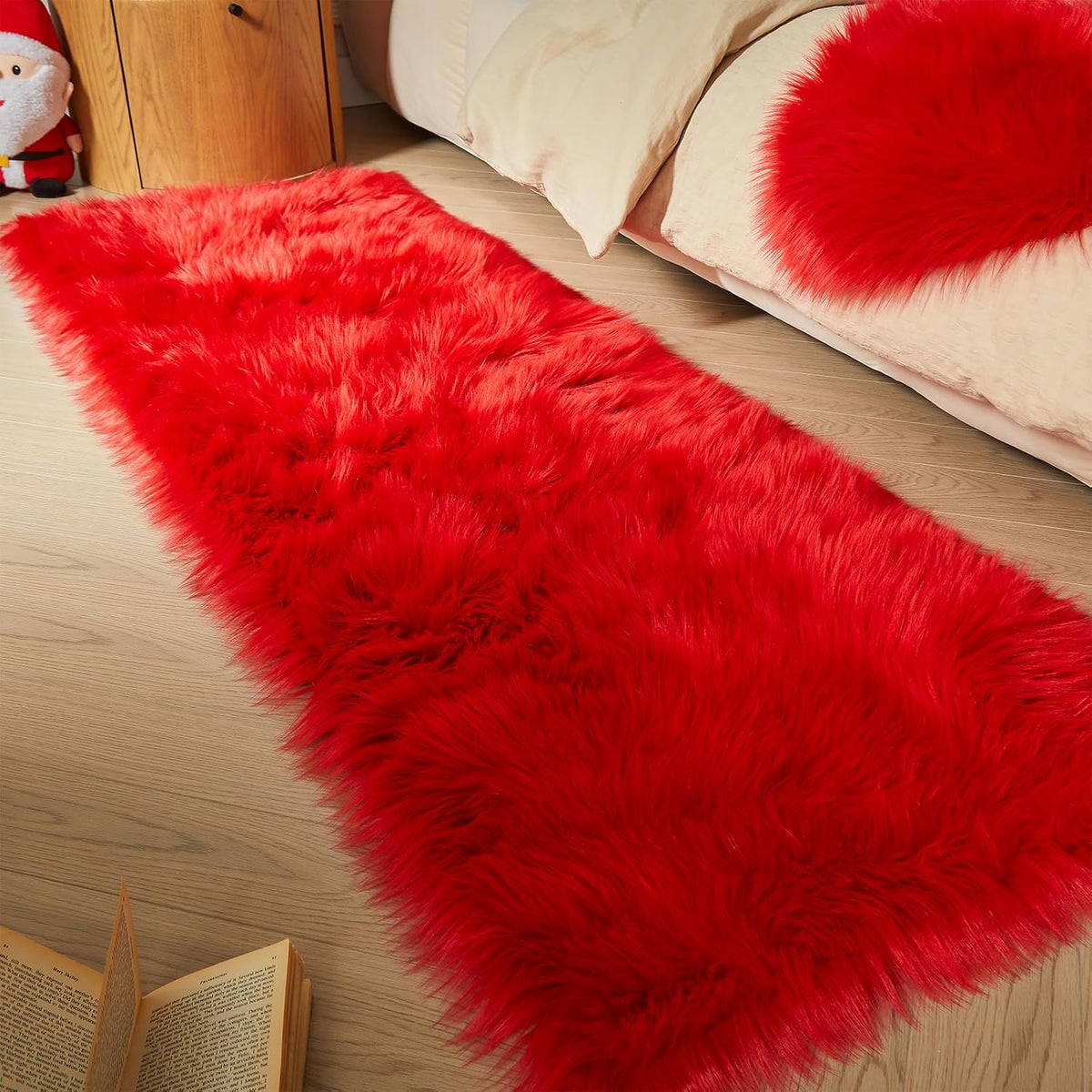 AMTOVO Faux Fur Rug, Red Ultra Soft Fluffy Shag Sheepskin Rug, 2 x 6 ft Runner Area Rugs for