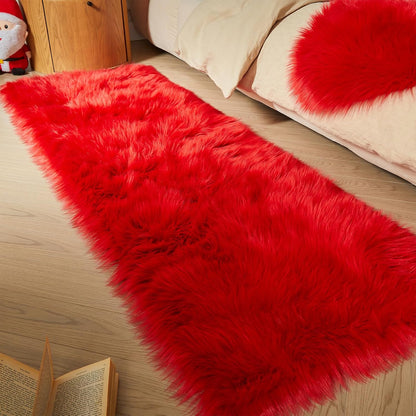 AMTOVO Faux Fur Rug, Red Ultra Soft Fluffy Shag Sheepskin Rug, 2 x 6 ft Runner Area Rugs for