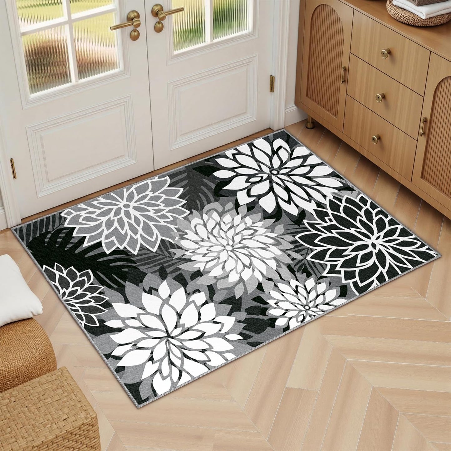 Area Rug 2x3 Black White Washable Entry Small Rug Multicolored Tropical Botanical Modern Floral