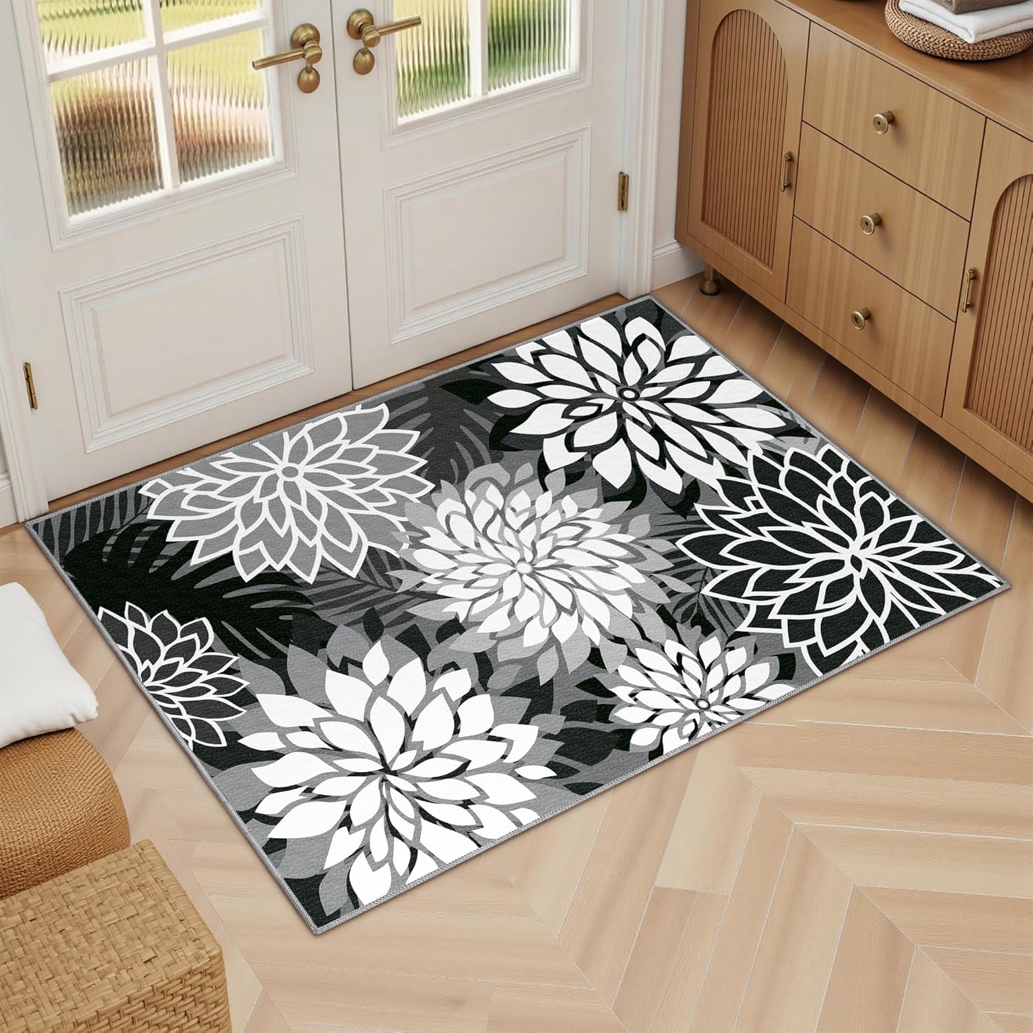 Area Rug 2x3 Black White Washable Entry Small Rug Multicolored Tropical Botanical Modern Floral