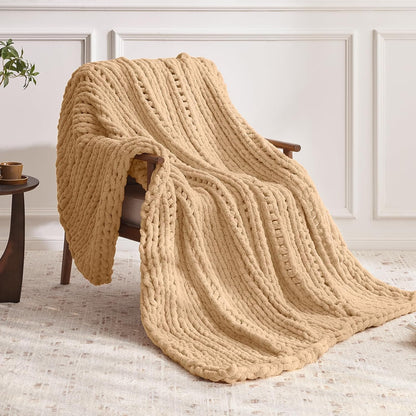 Chunky Knit Throw Blanket, 30''*40'' Knitted Throw Chenille Yarn for Bed Couch, Handmade Beige