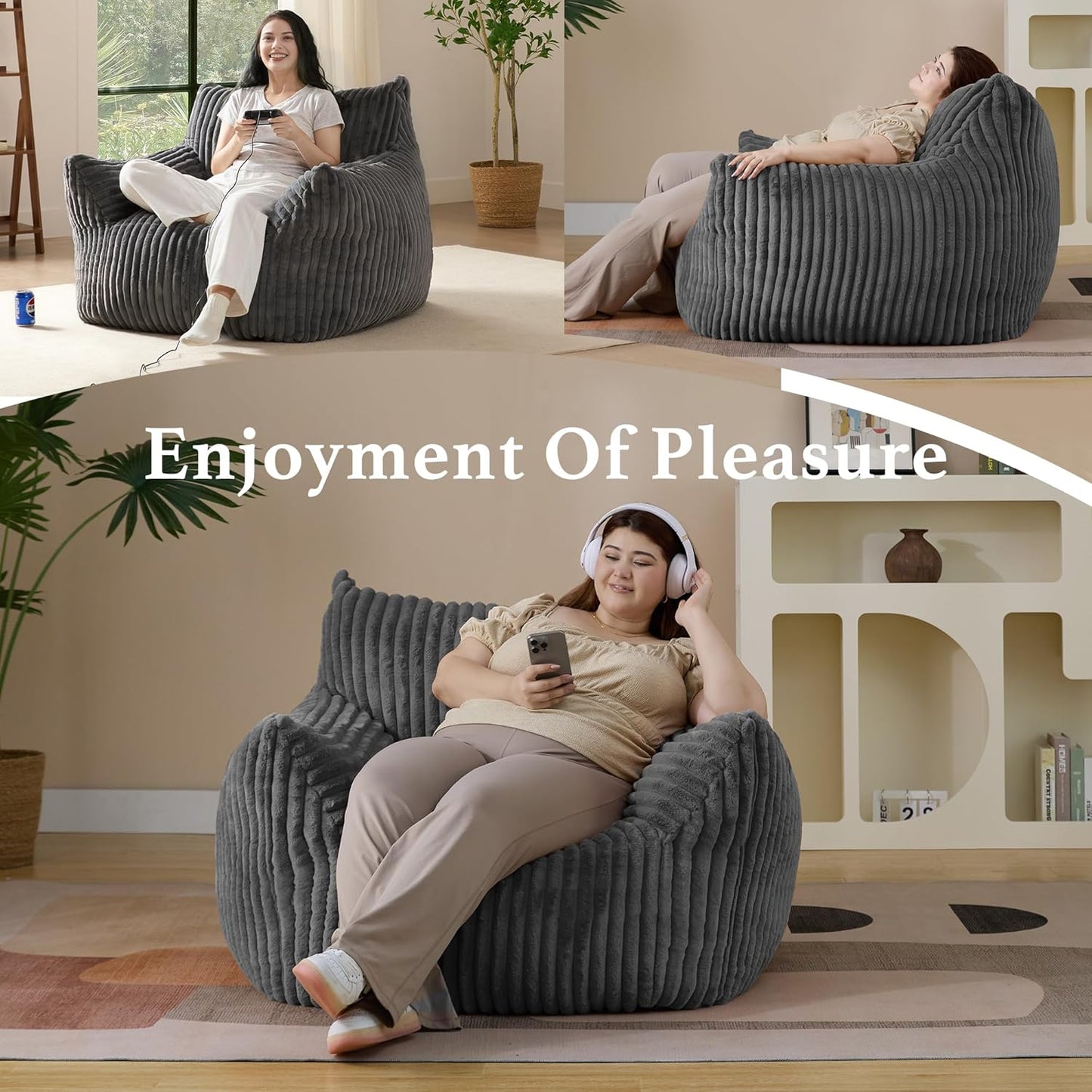 Giant Plush Bean Bag Chair for Adults with Armrests - Oversized Comfy Grey Beanbag Lounge Lazy