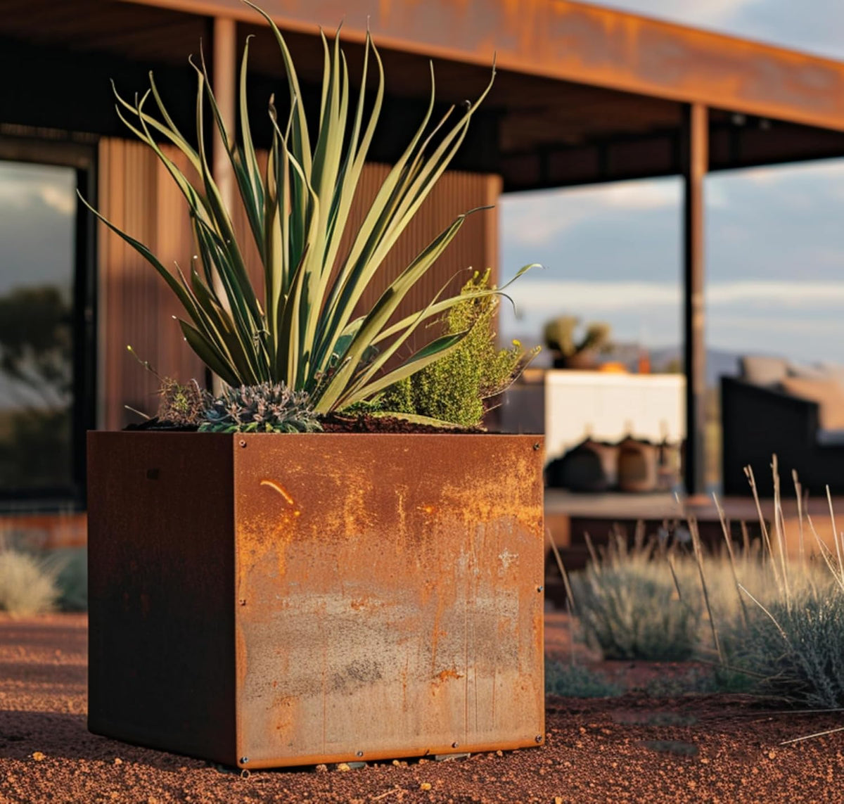DIY CARTEL Corten Steel Cube Outdoor Planter Box, Rustic & Modern Farmhouse Design, Large Raised
