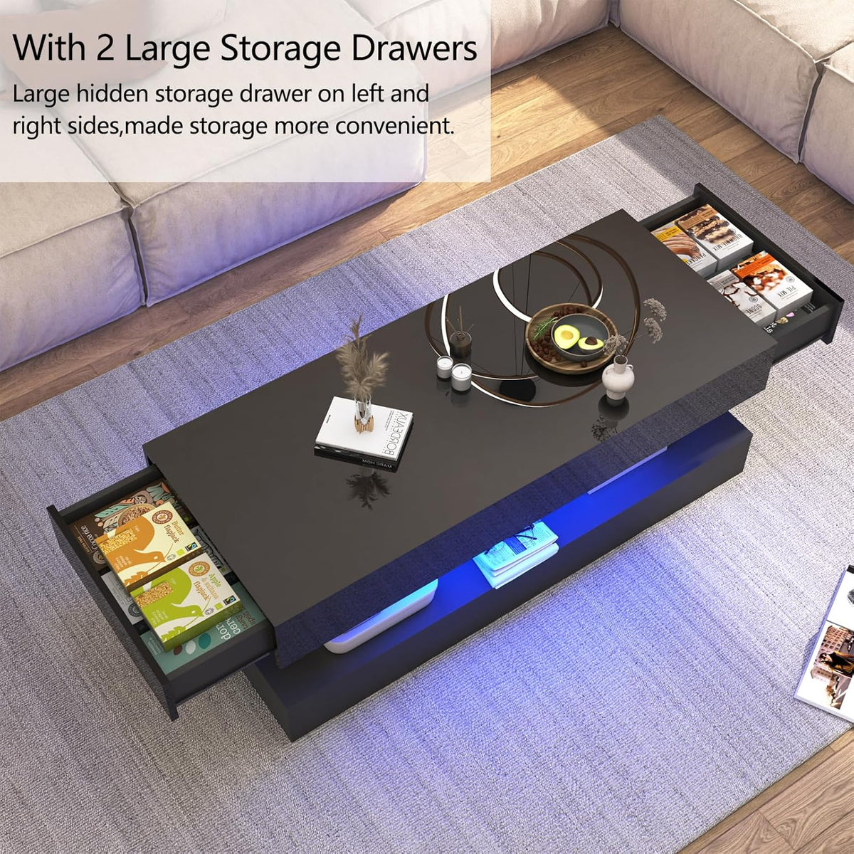 Uspeedy 47.3IN High Glossy LED Coffee Table,Modern Coffee Tables for Living Room,Living Rooms