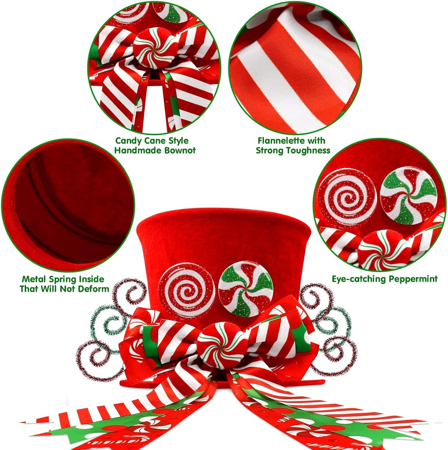 Christmas Candy Canes Tree Topper Red Hat with Peppermint Bows Ornament Winter Lollipop Holiday